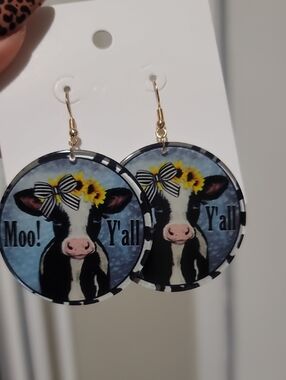 Cow Face 'Moo! Y'all' Round Dangle Earrings